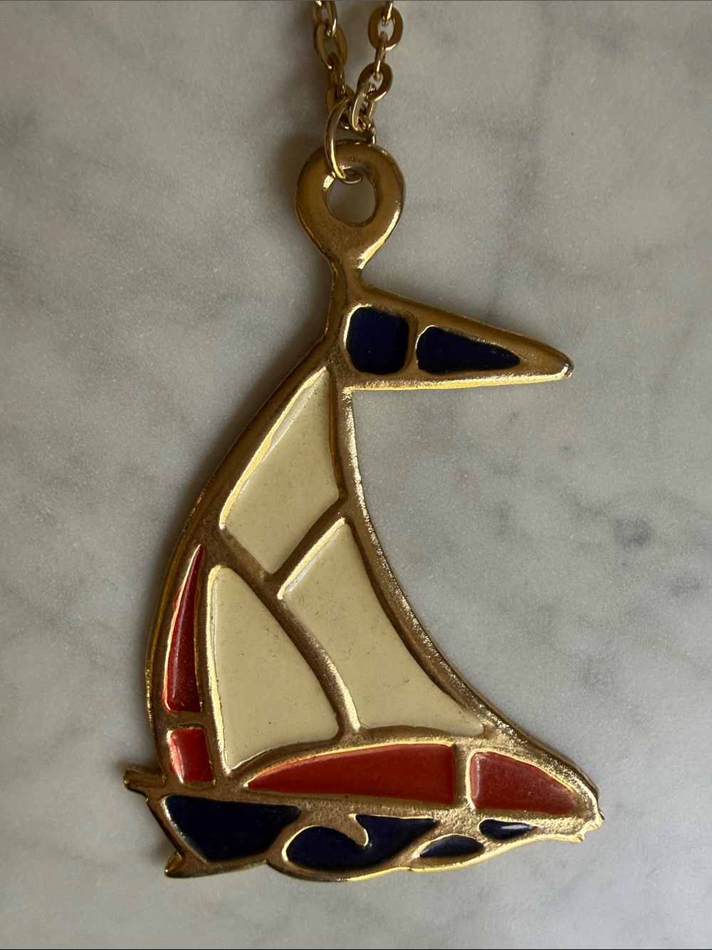Vintage Gold-Tone Sailboat Pendant Necklace in Cream, Red & Navy